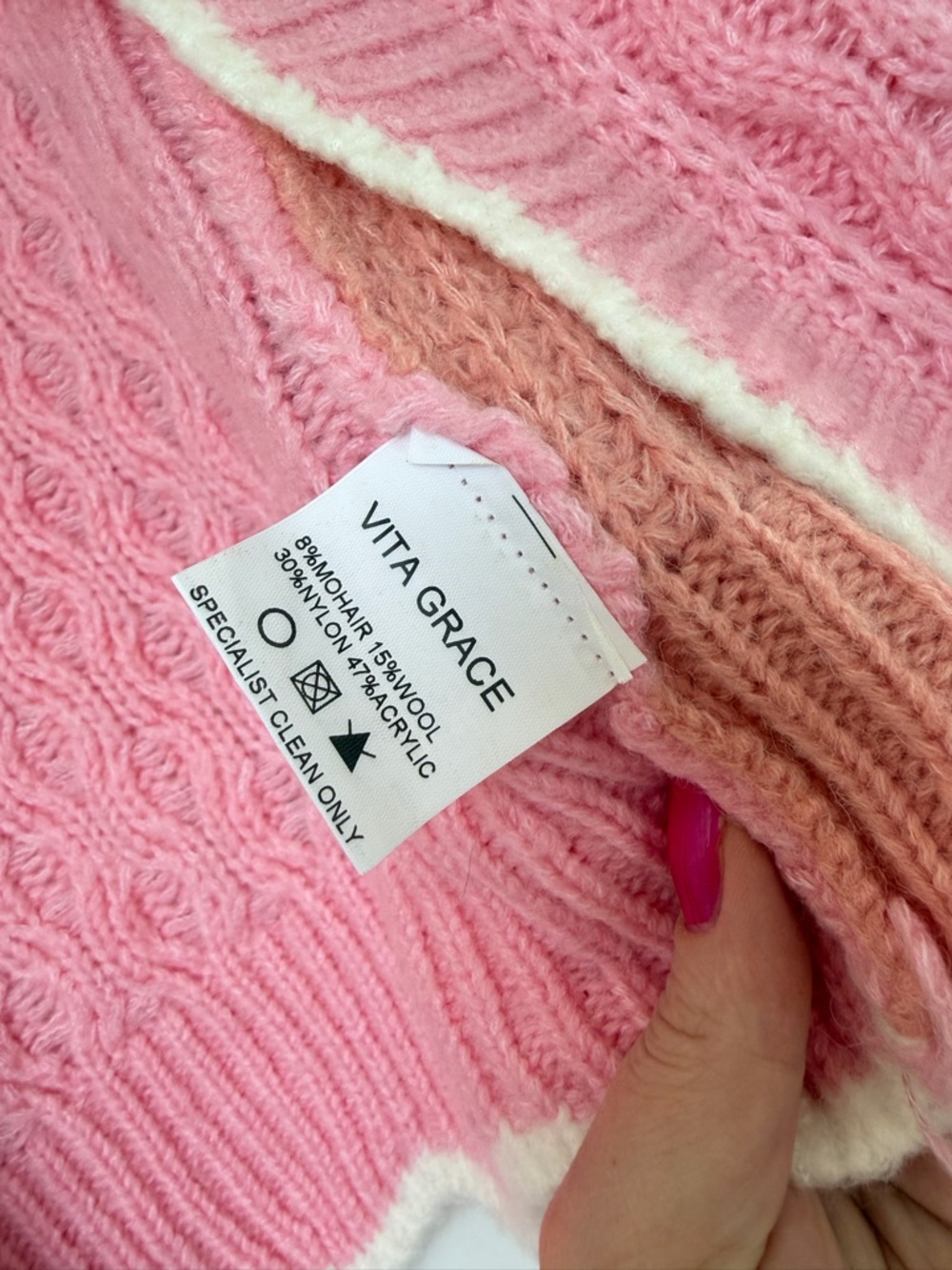 Vita Grace ‘Fancy’ Pink Orange Contrast Scallop-Trim Mohair Knit Cardigan - Picture 4 of 5